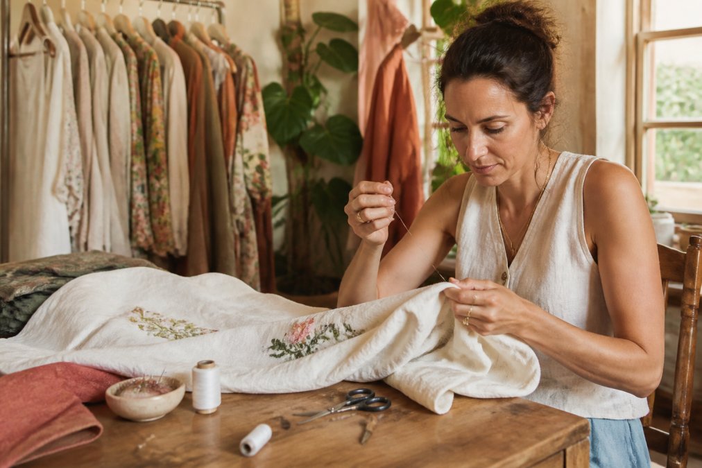 Step-by-step infographic showing hand-stitching techniques as creative alternatives to fast fashion for creative women.