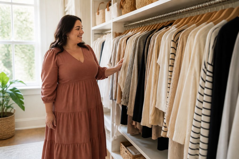 Woman in a tiered midi dress choosing neutral garments in a bright closet as part of a plus size capsule wardrobe.
