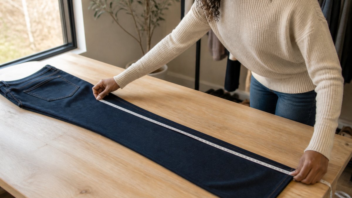 A close-up of a tall woman measuring the inseam of a pair of dark jeans with a fabric tape measure on a light wooden table, soft window light from the left