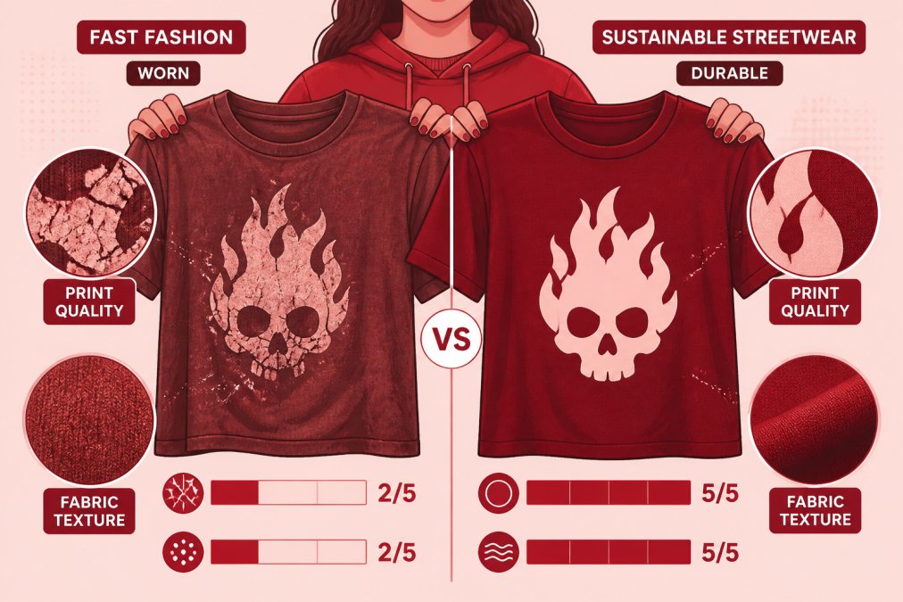 Person holding two graphic tees side-by-side, comparing print quality and fabric texture between a worn fast fashion shirt with cracked print and a fresh, durable alternative