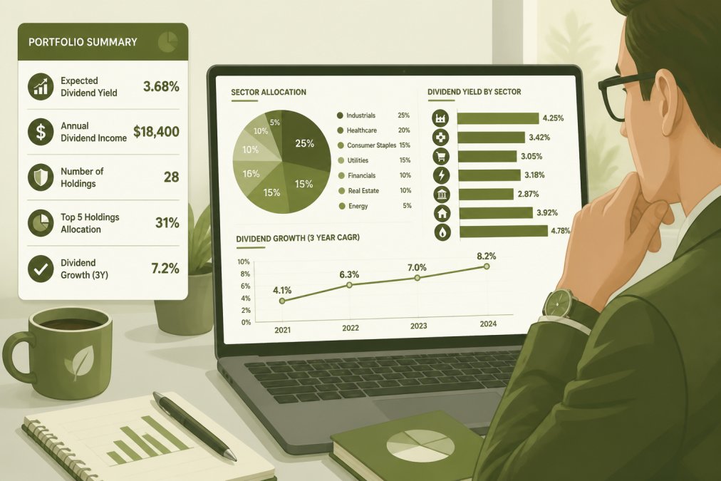 Financial advisor reviewing diversified dividend portfolio allocation across sectors on laptop screen, with dividend yield charts and sector allocation pie chart visible, natural office lighting