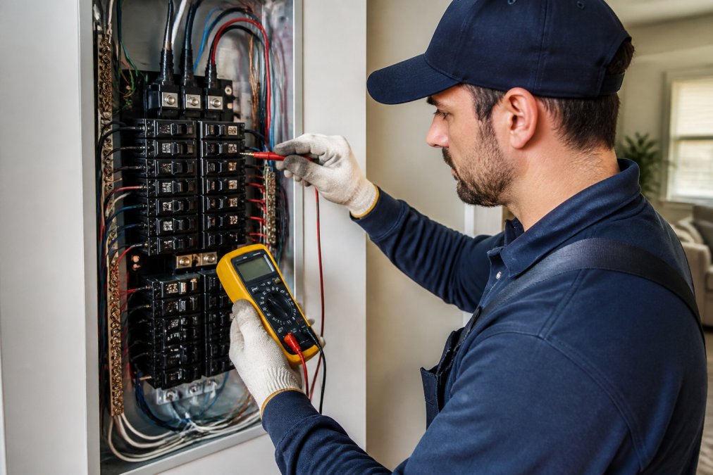 Professional electrician in work uniform examining residential electrical panel with digital multimeter, adjusting circuit breaker connections in bright residential setting