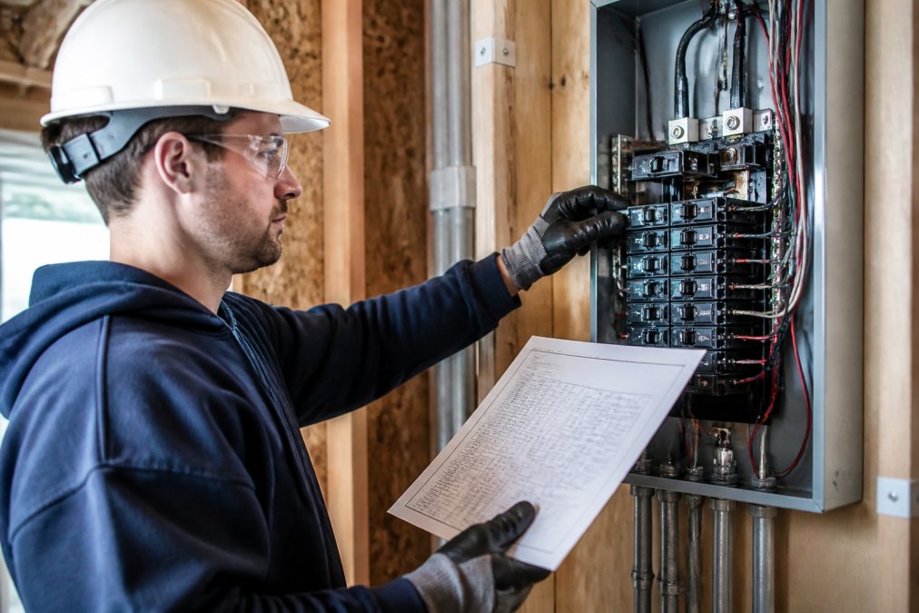 Licensed electrician in safety gear working on residential electrical panel installation, adjusting circuit breaker connections and reviewing wiring specifications in modern residential setting with bright lighting