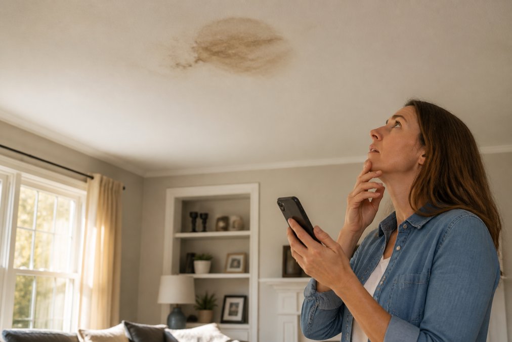 A homeowner in a well-lit living room looking up at a small water stain on the ceiling while holding a smartphone, expression worried, late afternoon light through the window
