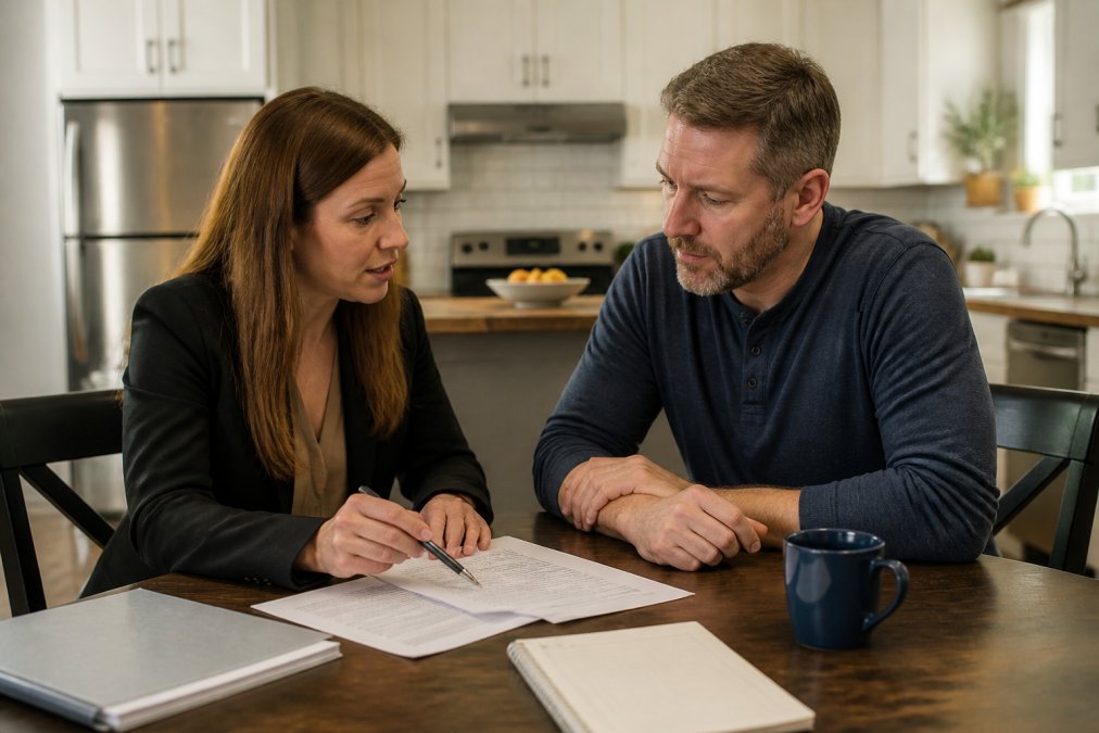 A homeowner and an insurance agent sitting at a kitchen table reviewing flood policy documents and a laptop showing coverage options, with a notebook and coffee nearby