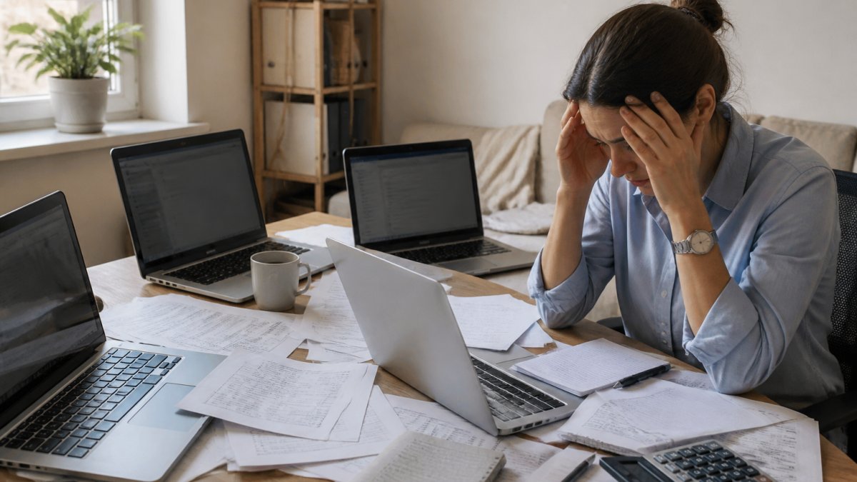 Stressed business owner juggling multiple dashboard screens to manage fragmented marketing software stacks