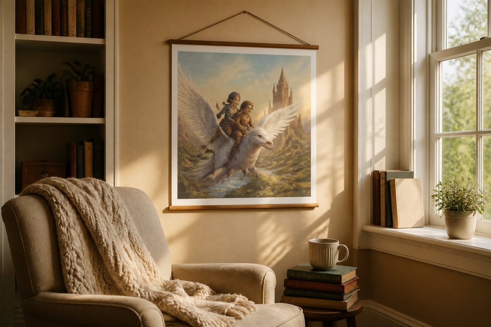 A cozy reading nook in a home, with a large storybook illustration poster hanging from a wooden dowel and cord against a warm painted wall, an armchair with a knitted throw and a stack of hardcover books nearby, soft afternoon light coming through a window