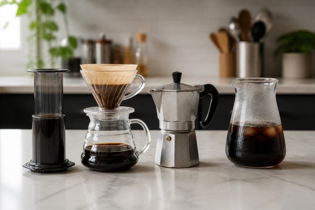 AeroPress, pour-over, Moka pot, and cold brew carafe as alternatives to french press for bold coffee on a counter.