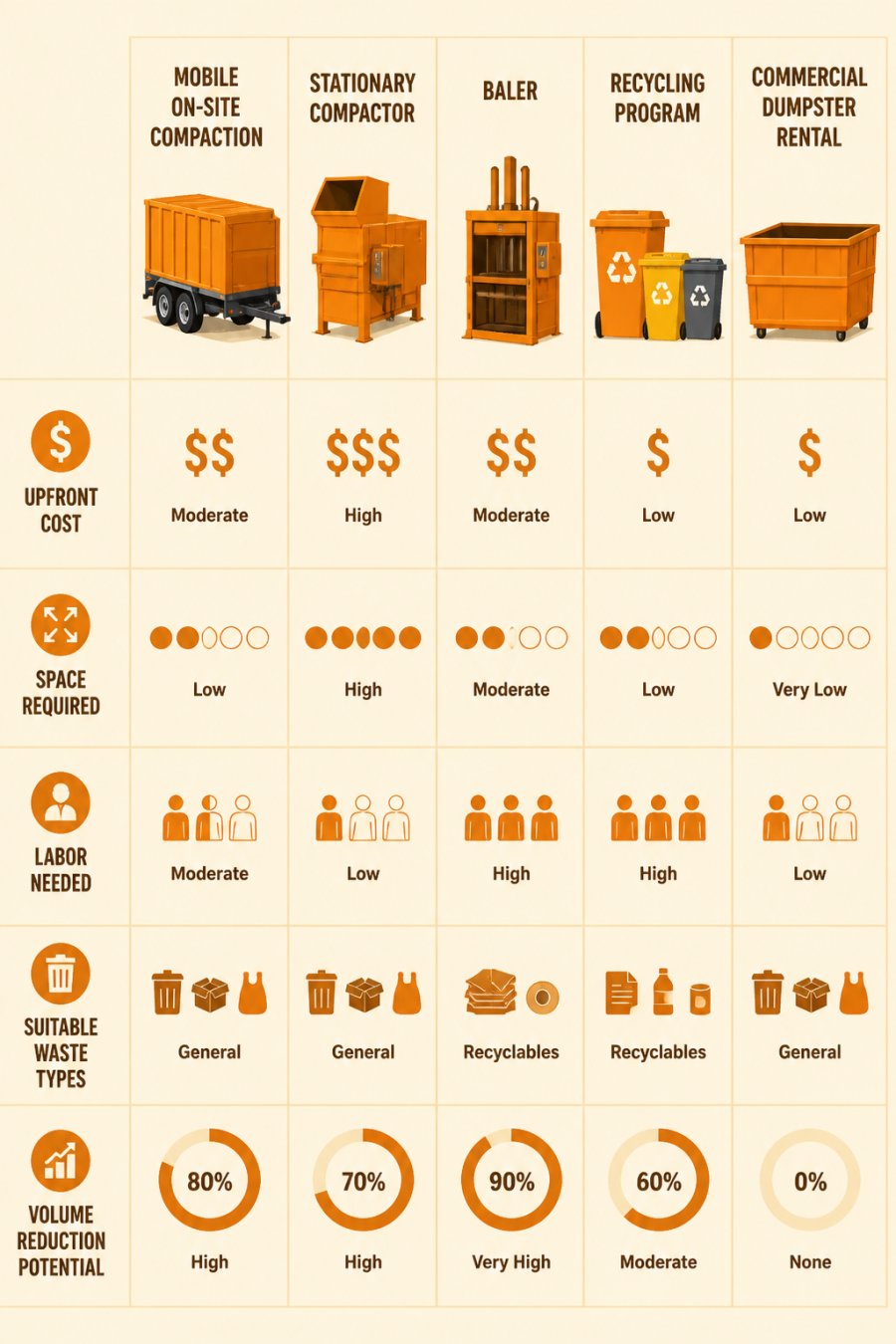 Decision matrix comparing five dumpster hauling alternatives based on cost, space, labor, and waste volume.
