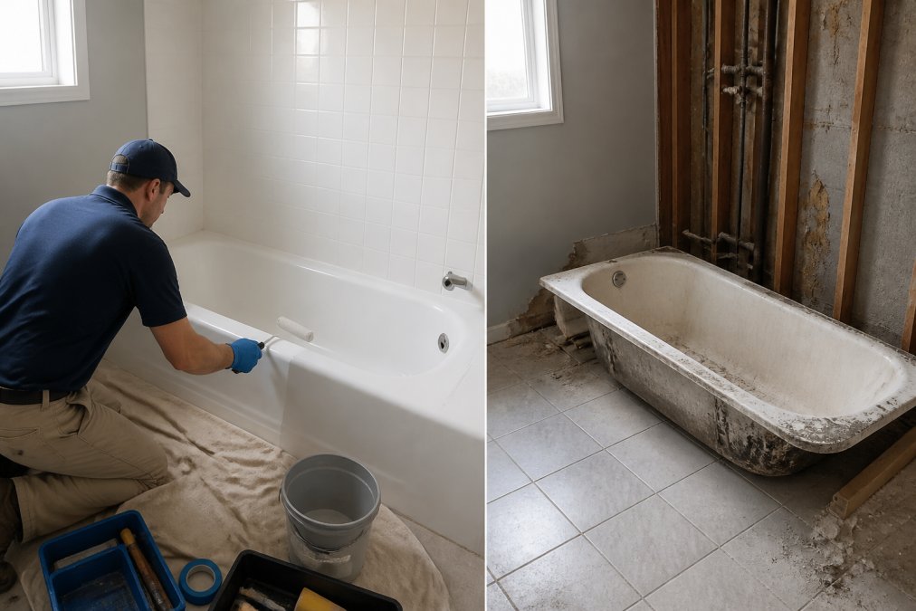 A technician in a clean uniform carefully applying a refinishing coating to a white bathtub in a bright bathroom, with drop cloths and tools nearby