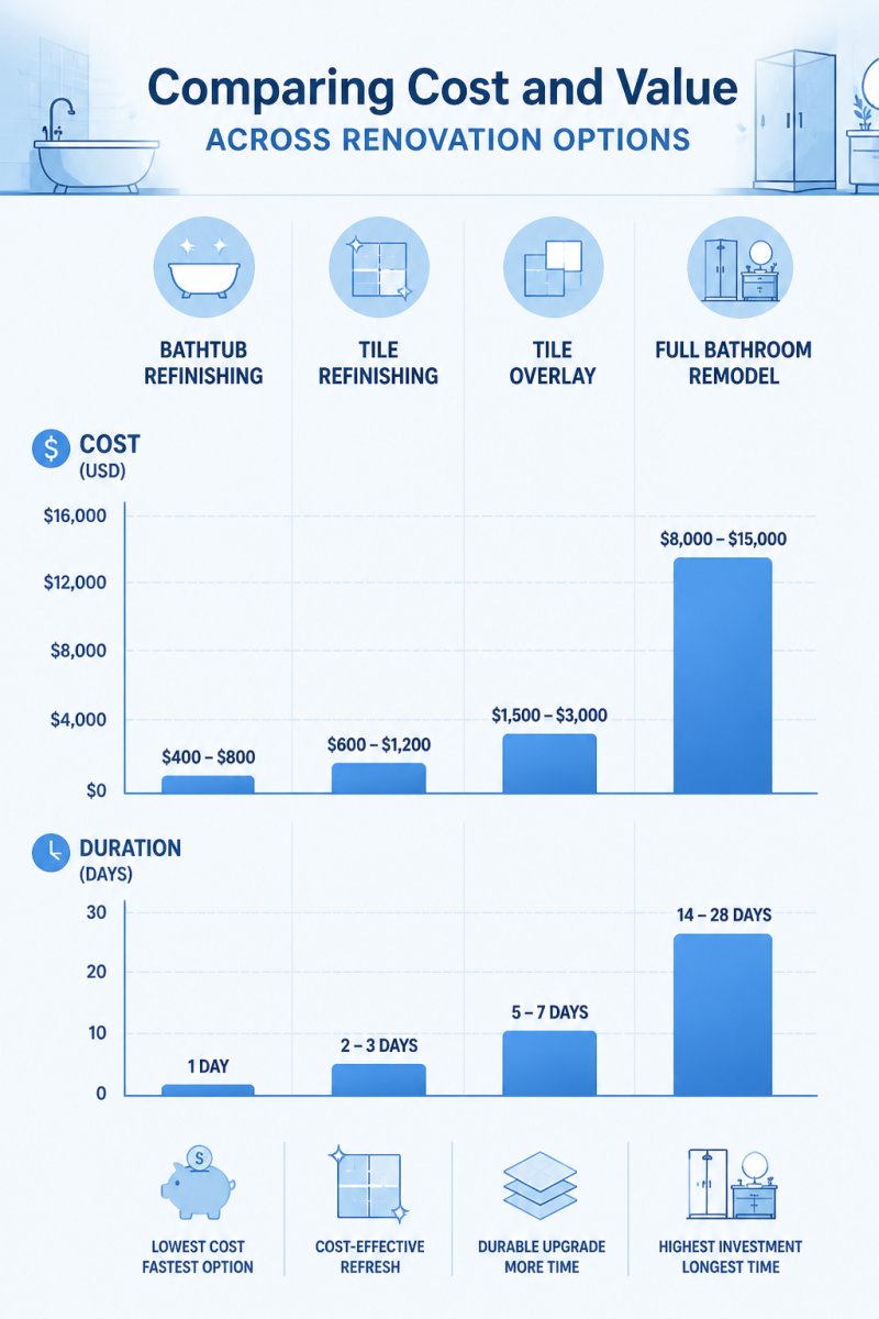 Bar chart comparing cost and duration for bathroom renovation alternatives: bathtub refinishing $400-800 and 1 day, tile refinishing $600-1200 and 2-3 days, tile overlay $1500-3000 and 5-7 days, full bathroom remodel $8000-15000 and 14-28 days