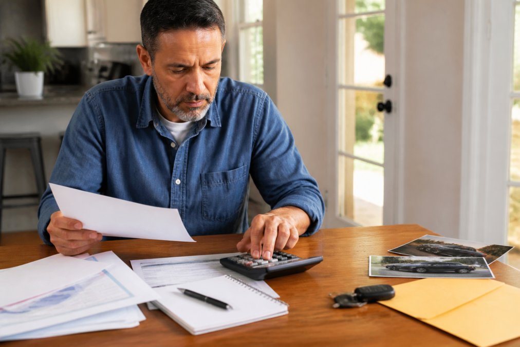 Person calculating insurance costs to weigh alternatives to full coverage for older vehicles on a desk.