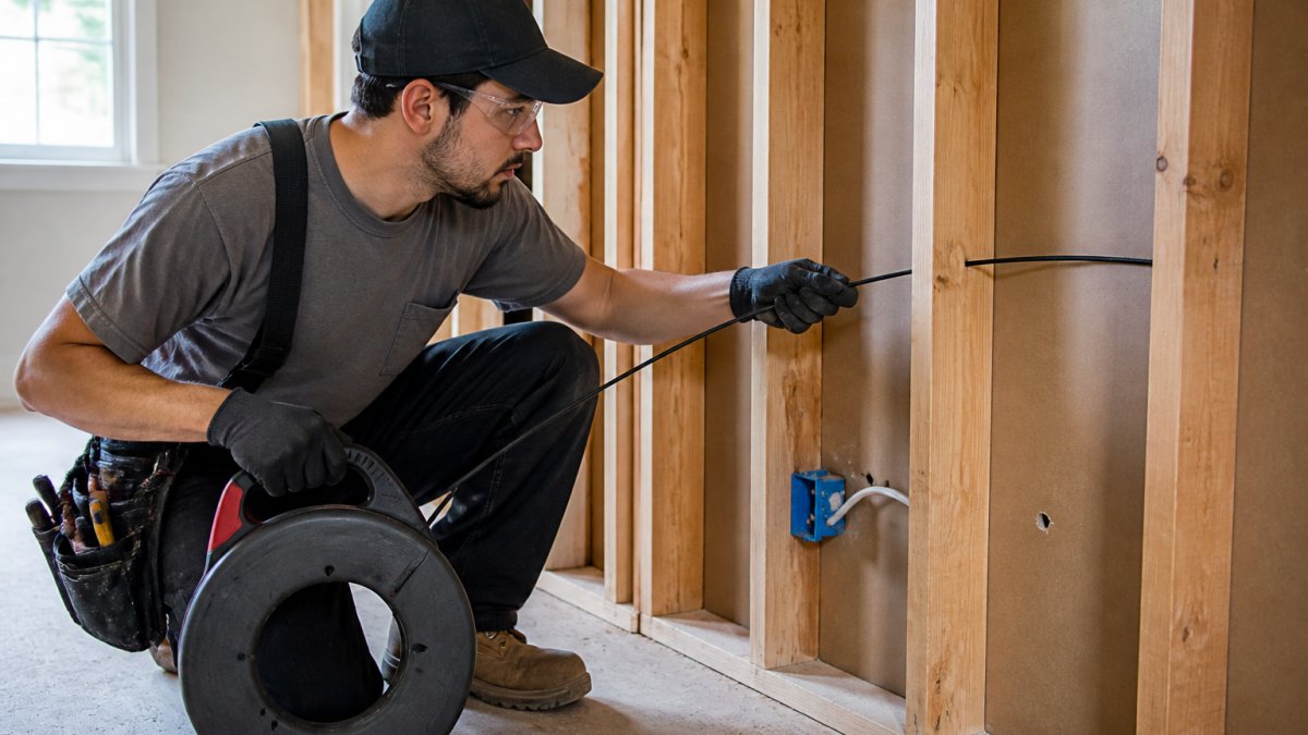 Professional electrician using fish tape to route electrical wire through wall cavity, showing the flexible rod being fed between wooden studs with concentrated focus and proper technique