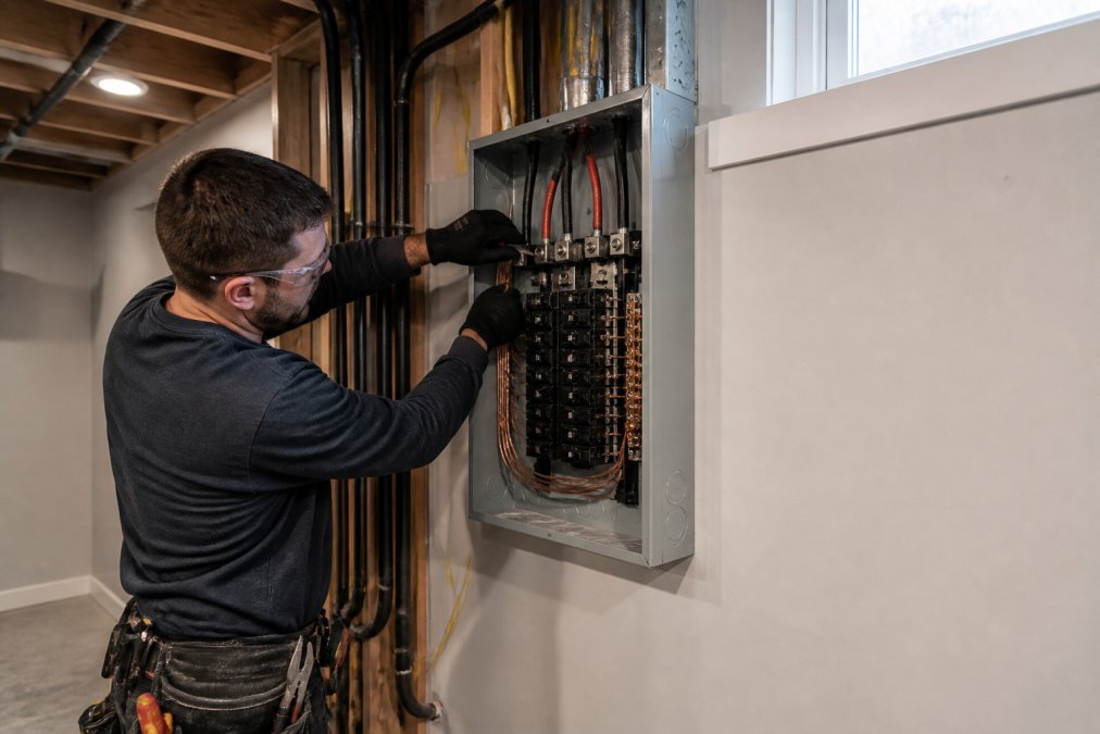 Professional electrician installing a secondary breaker box on an interior wall, carefully routing heavy-gauge copper wire connections to the panel busbar, modern residential basement setting with overhead lighting