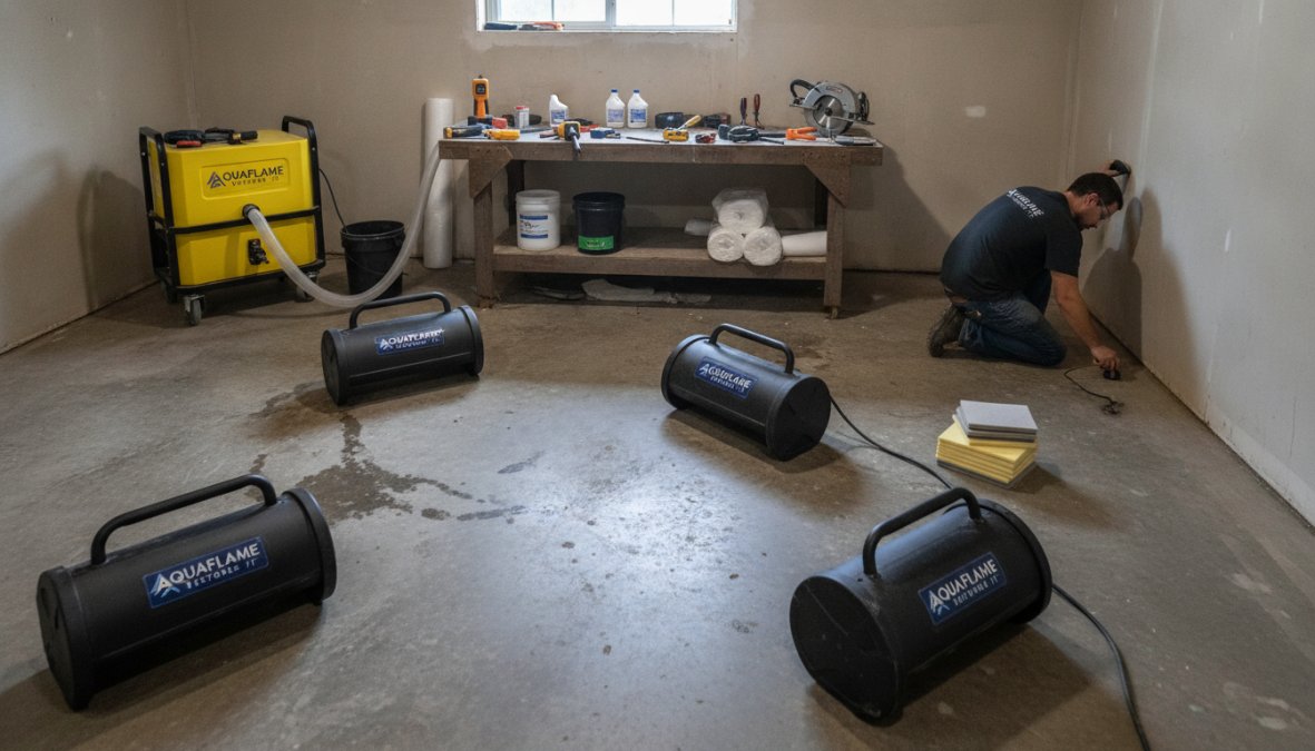 Professional restoration technician operating air movers and dehumidifiers in residential basement with visible wet flooring and moisture extraction equipment