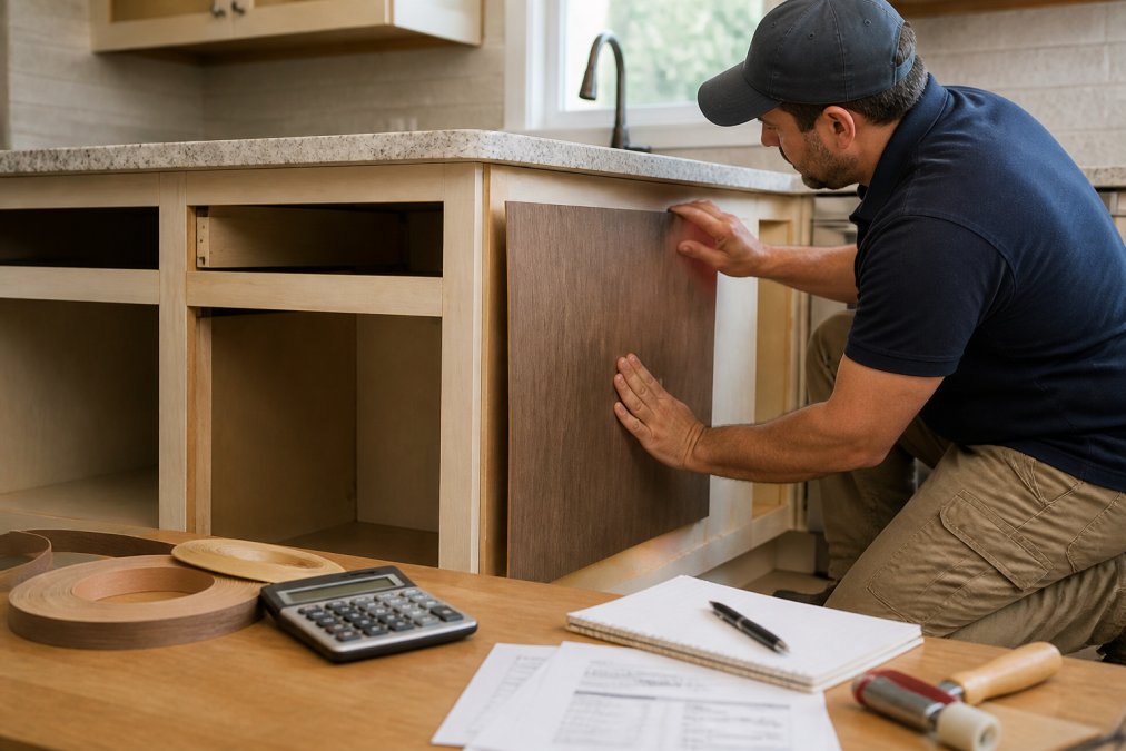 Contractor applying a new wood veneer panel during a kitchen cabinet replacement project