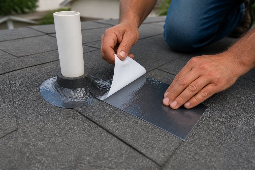 Hands carefully peeling backing from waterproof roof repair tape and pressing adhesive side firmly onto roof surface around a roof penetration, showing proper application technique