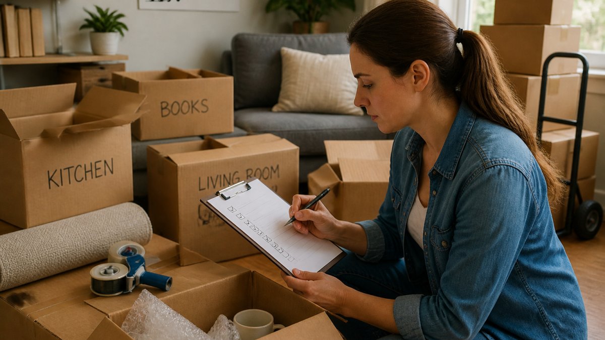 Homeowner checking off items on a moving checklist while packing labeled boxes in a living room with organized packing materials visible