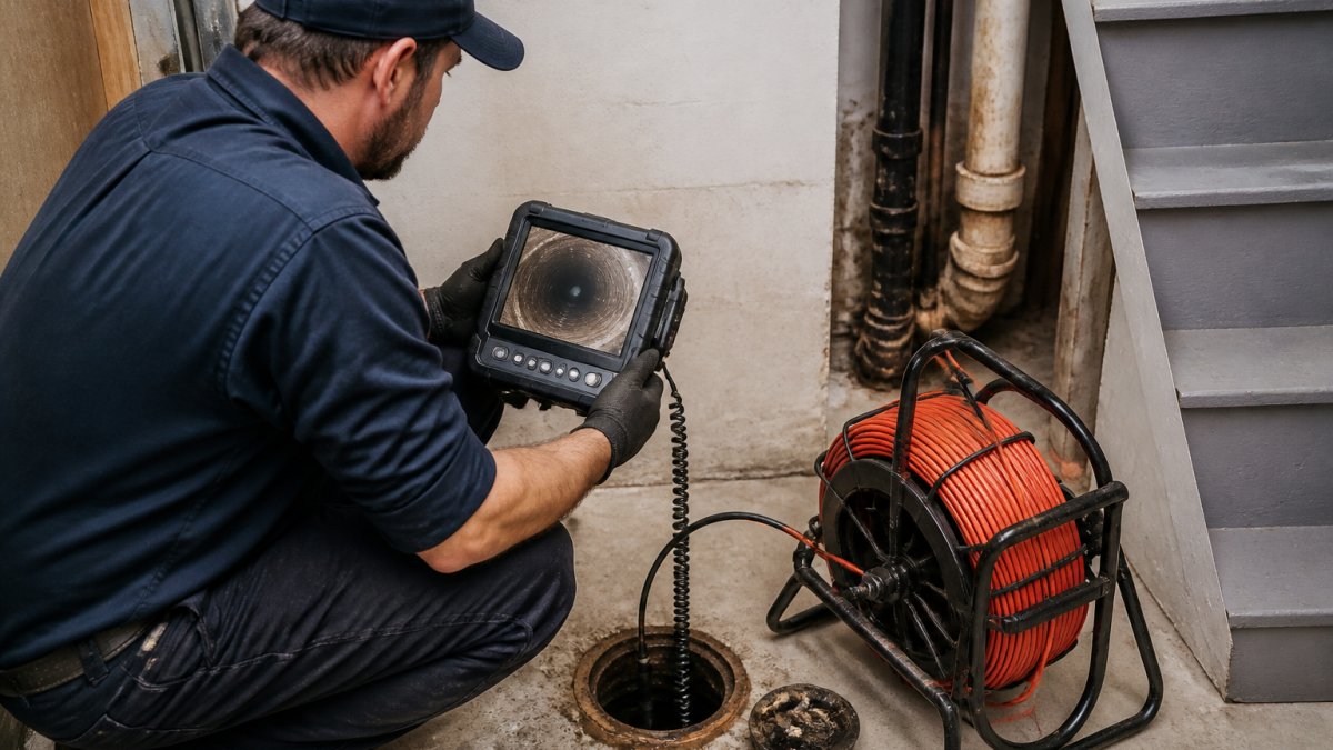 Plumber using a sewer camera to inspect pipes before a sewer line replacement process begins