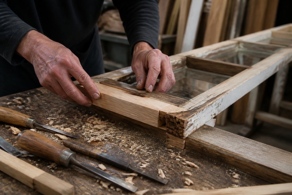 A joiner repairing an original timber sash window as one of the alternatives to full window replacement for listed buildings