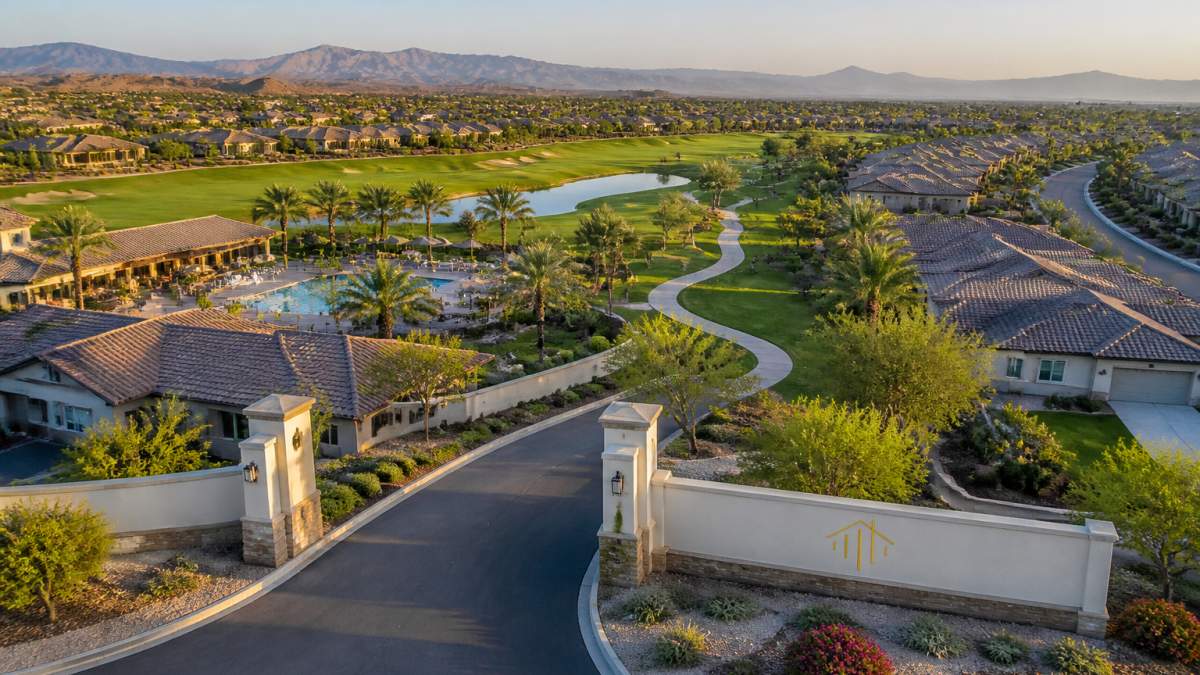 Aerial view of sprawling 55+ community with manicured golf course, walking paths connecting residential areas, recreational facilities, and landscaped common areas with open entry gates