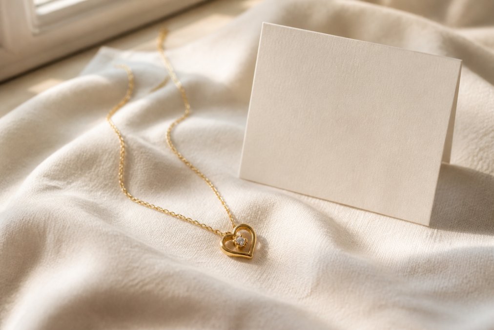 Close-up of a delicate gold necklace with a small personalized message card resting beside it on soft cream fabric, warm window light, shallow depth of field