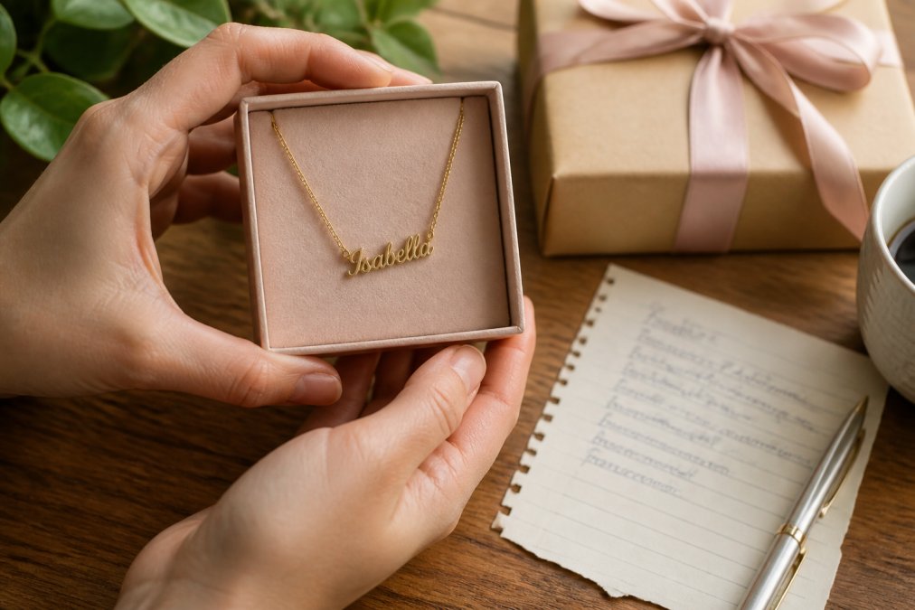 Close-up of hands holding a delicate personalized name necklace in a soft-touch gift box, with a handwritten note beside it on a wooden table