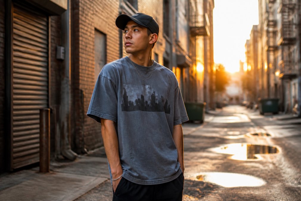Person wearing premium streetwear with city-code graphic standing in urban alley at golden hour, showcasing authentic worn-in texture and confident fit of high-quality apparel