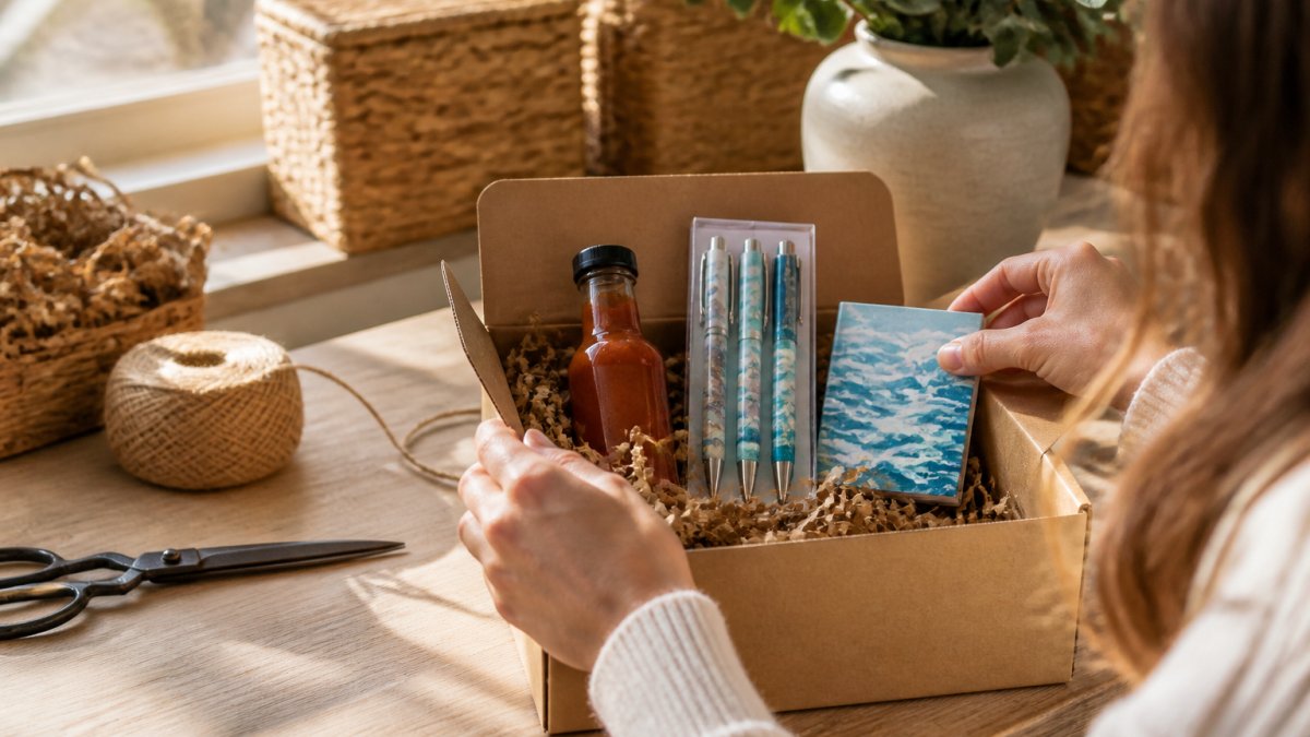 A bright desk scene showing a small-batch hot sauce bottle, a set of coastal-themed gel pens, and a mini notebook arranged together as a curated gift, soft natural light from a window