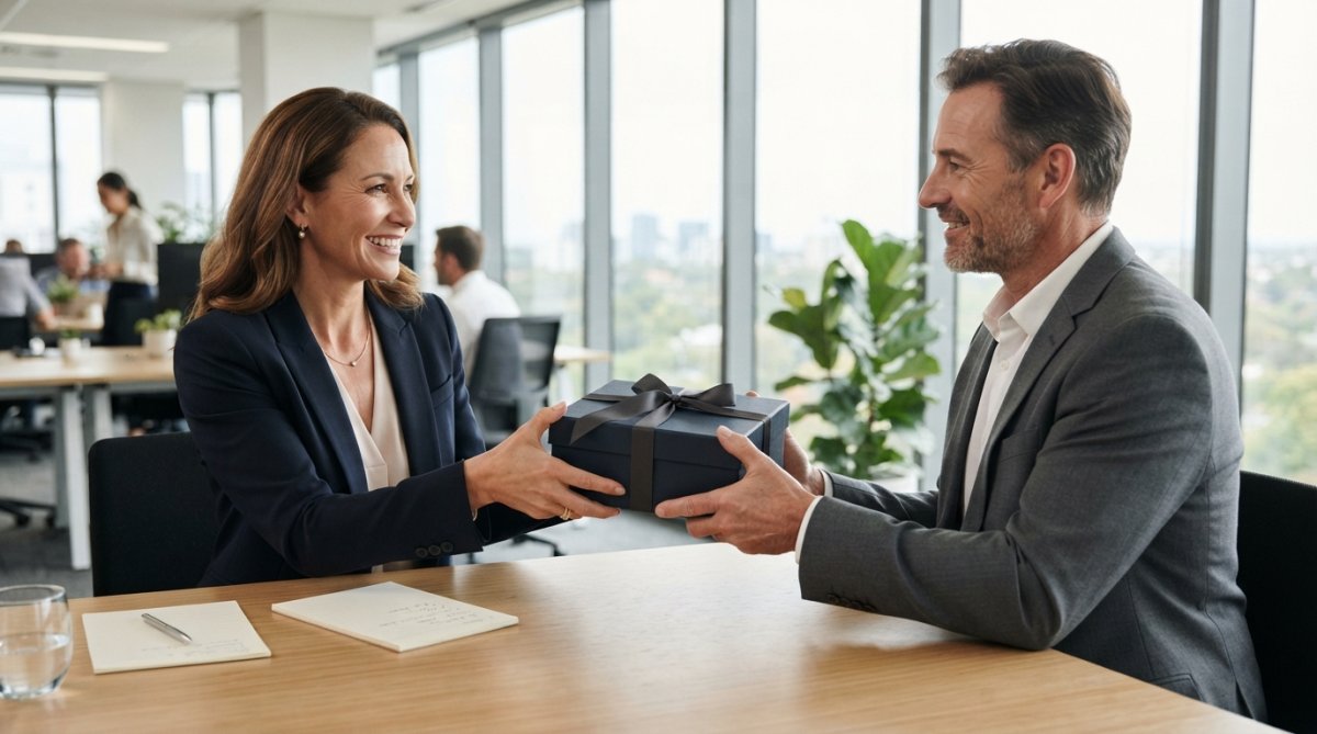 A business professional in a modern office holding a branded gift box tied with dark ribbon, smiling as they prepare to hand it to a client seated across a light timber desk, with natural light from floor-to-ceiling windows in the background