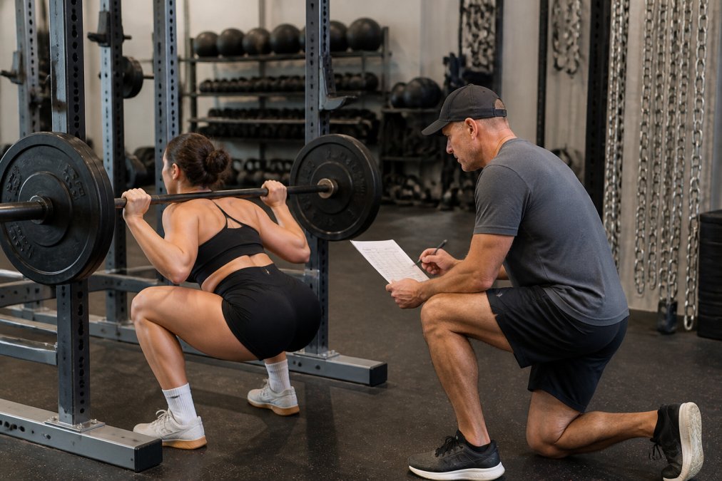 Strength coach providing hands-on form feedback to a lifter, a personalized alternative to using fitness apps.