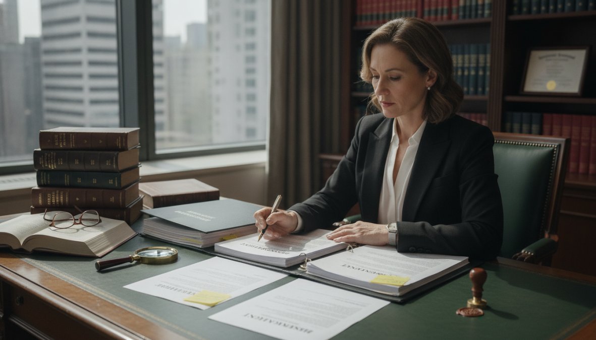 Business professional in office meeting with lawyer reviewing contract documents on desk with natural lighting