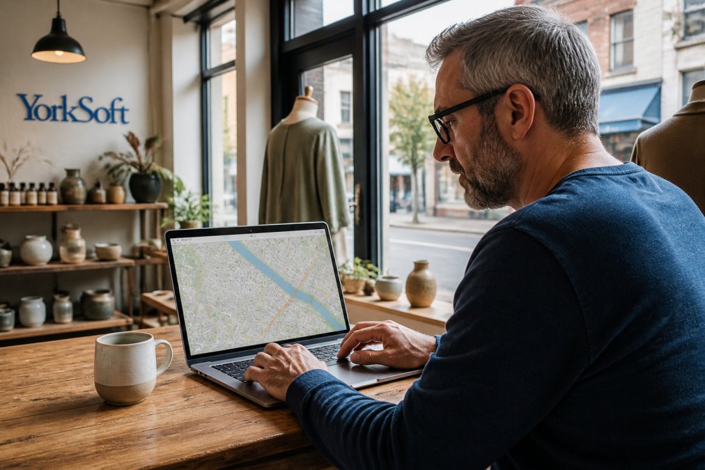 A Northampton business owner reviewing local search results on a laptop in a bright independent shop, a street map of the town visible on the screen, natural daylight through the window