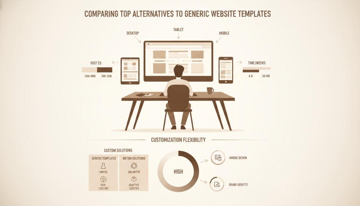 Web designer working on a responsive website layout across multiple devices, showing desktop, tablet, and mobile screens on a desk with natural lighting
