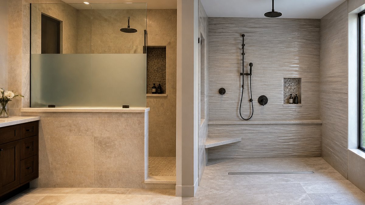Modern luxury bathroom featuring a half-wall shower enclosure with frosted glass panel and natural stone, contrasting an open wet room layout with minimal barriers and contemporary tile work