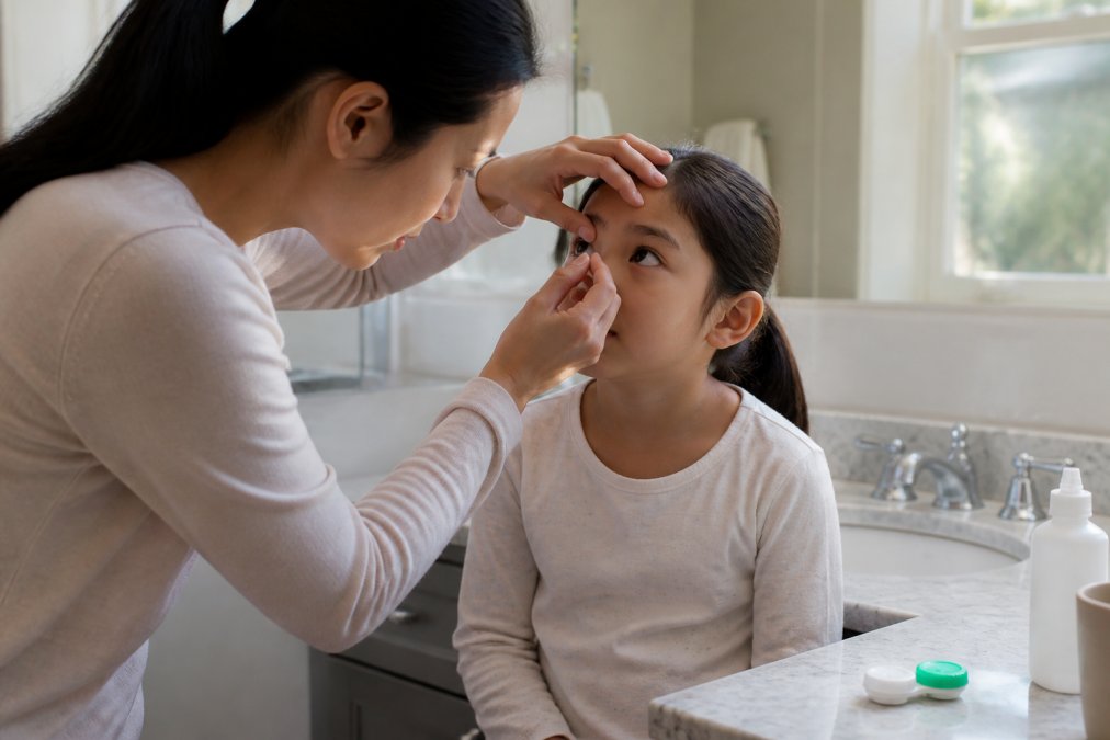 A parent helping a child insert a small clear contact lens in a clean bathroom, lens case and solution on the counter, soft morning light