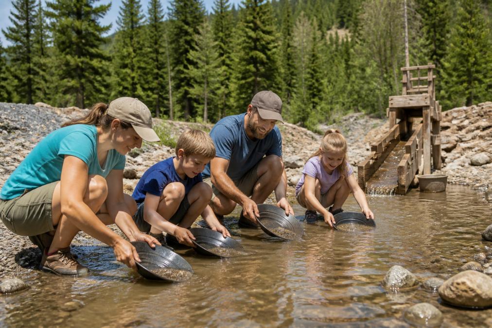 A family crouched beside a shallow creek with metal pans, swirling gravel in murky water, pine trees and a wooden sluice box visible in the background on a sunny afternoon