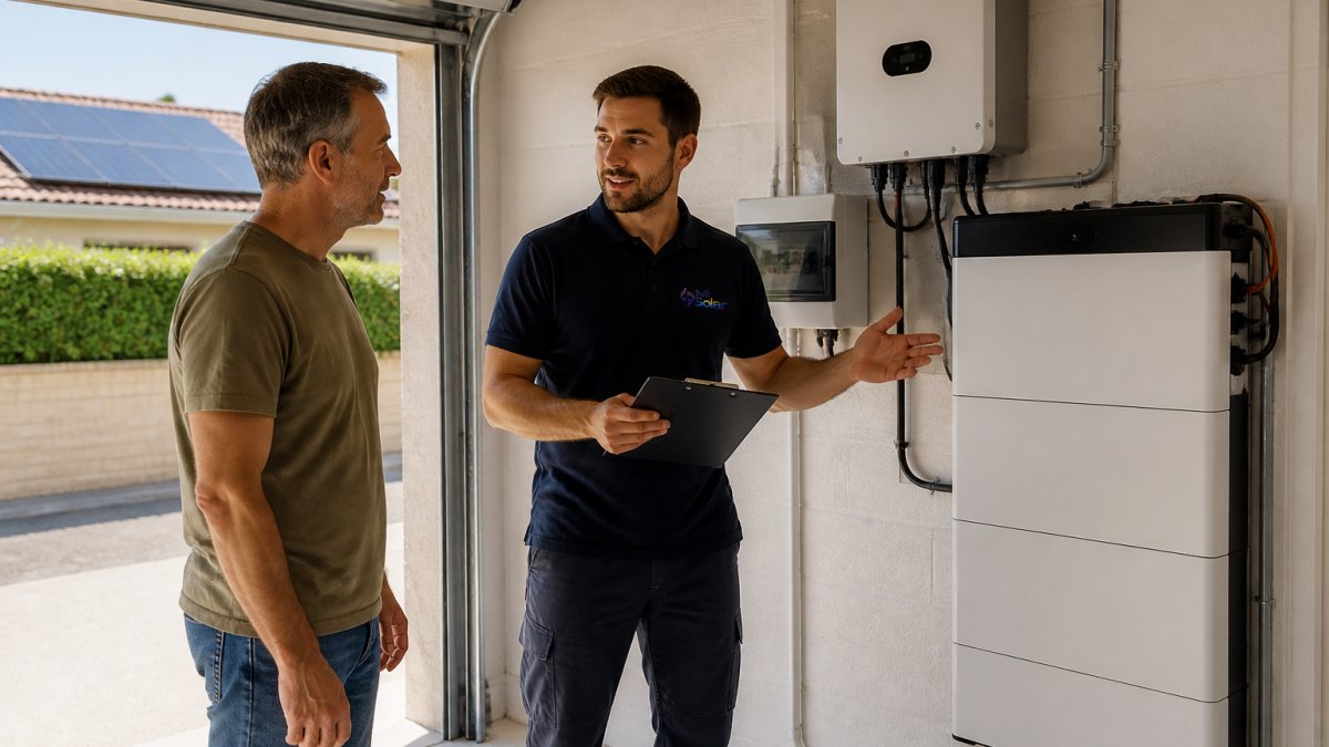 A homeowner and a solar technician in work clothes standing in a garage beside a wall-mounted battery storage unit and an inverter, with a clipboard and a tablet showing monitoring data, bright daylight through an open door