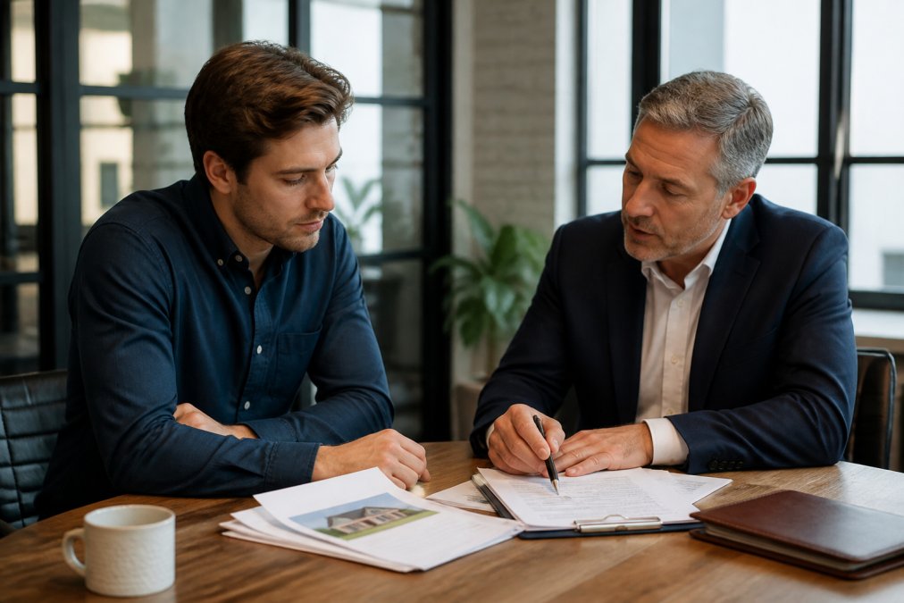 Real estate investor reviewing loan documents and property appraisal with a lender to explore alternatives to hard money