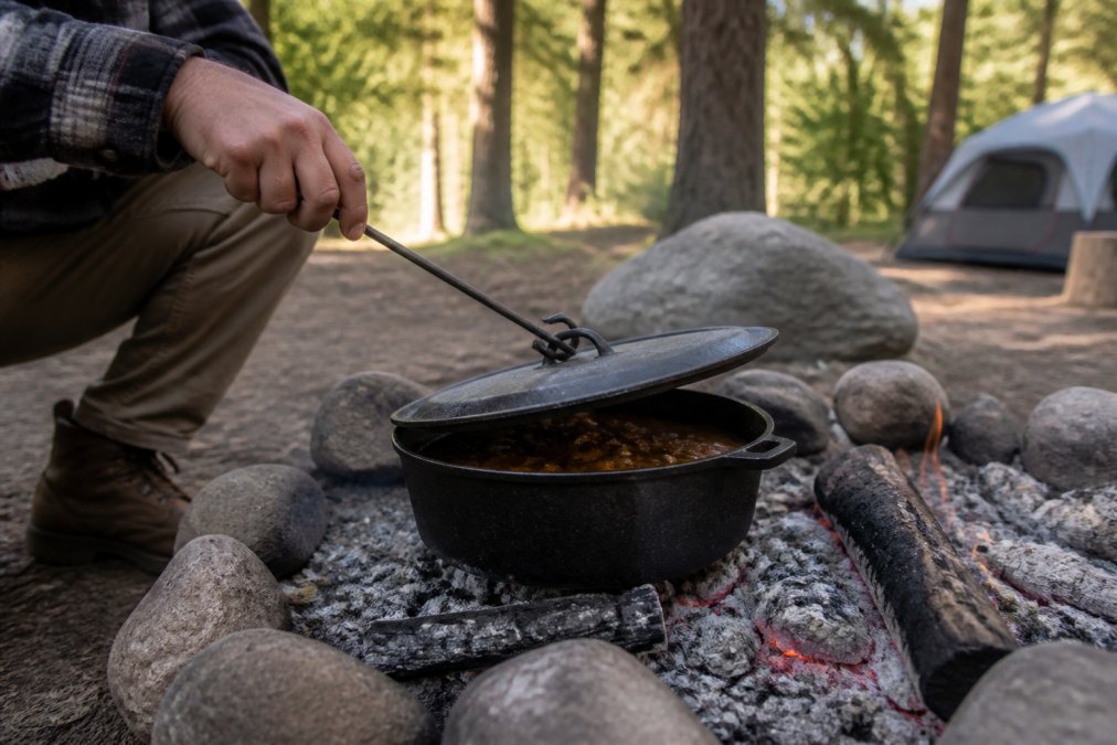 Person using a lid lifter on a Dutch oven over coals instead of campfire cooking grates at a rustic campsite