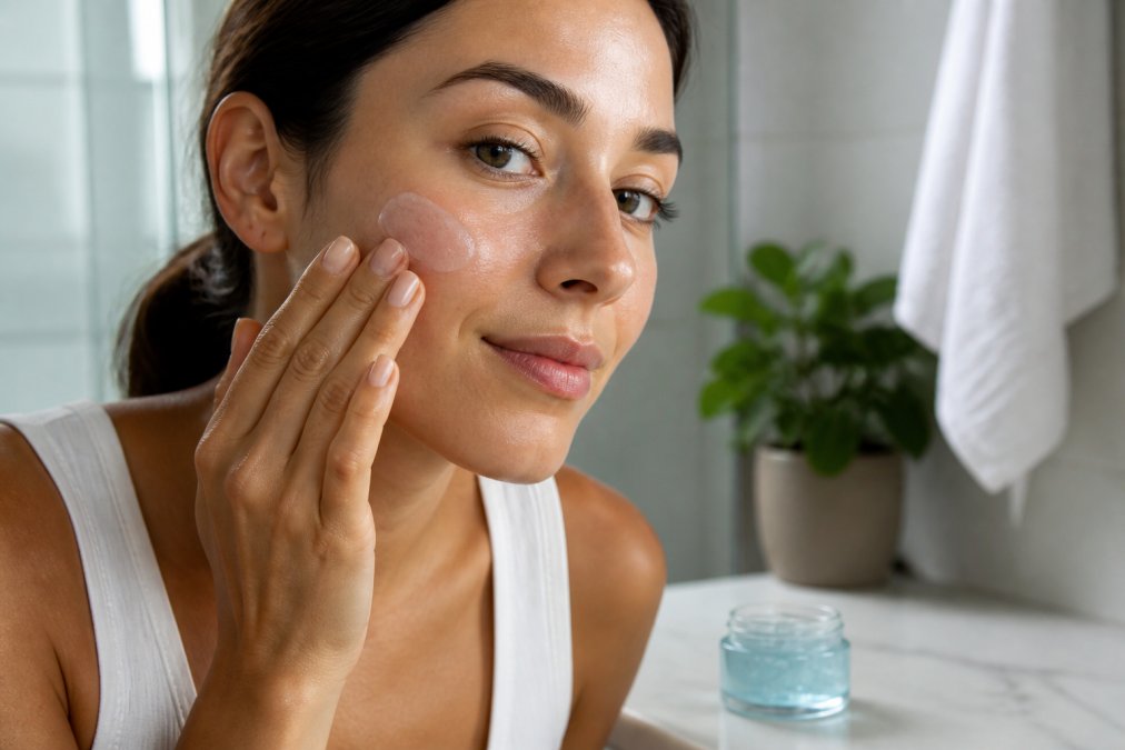 A close-up of a woman's hands applying a lightweight, translucent gel moisturizer to her cheek, with a small open jar of gel cream visible on a clean bathroom counter in the background, soft natural light