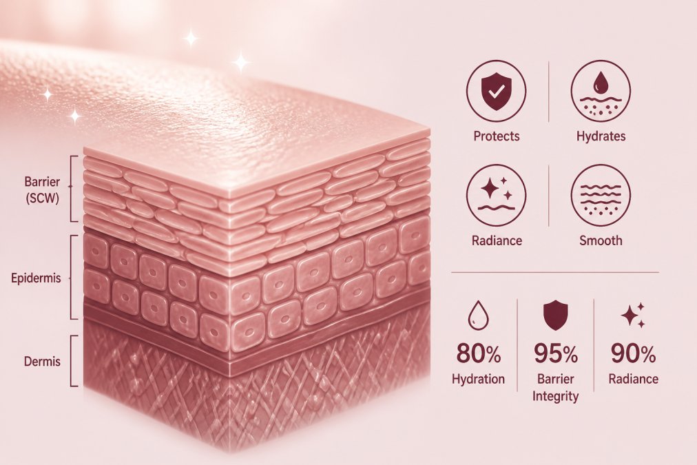 Close-up of healthy, hydrated skin texture with visible radiance and smooth surface showing the protective barrier in optimal condition under soft natural lighting