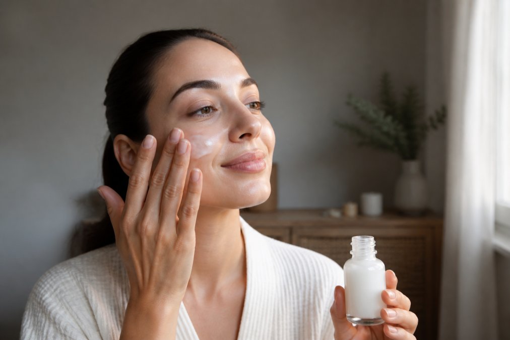 Person's hand applying a lightweight serum or milky moisturizer to their face, demonstrating quick absorption and non-greasy finish with natural window lighting