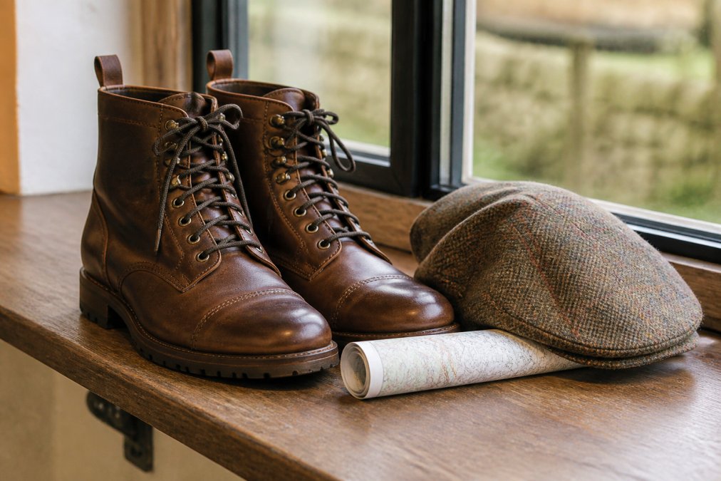 A pair of handcrafted laced country boots in greased brown leather standing on a wooden bench beside a tweed flat cap and a rolled-up Ordnance Survey map, with soft daylight coming through a window