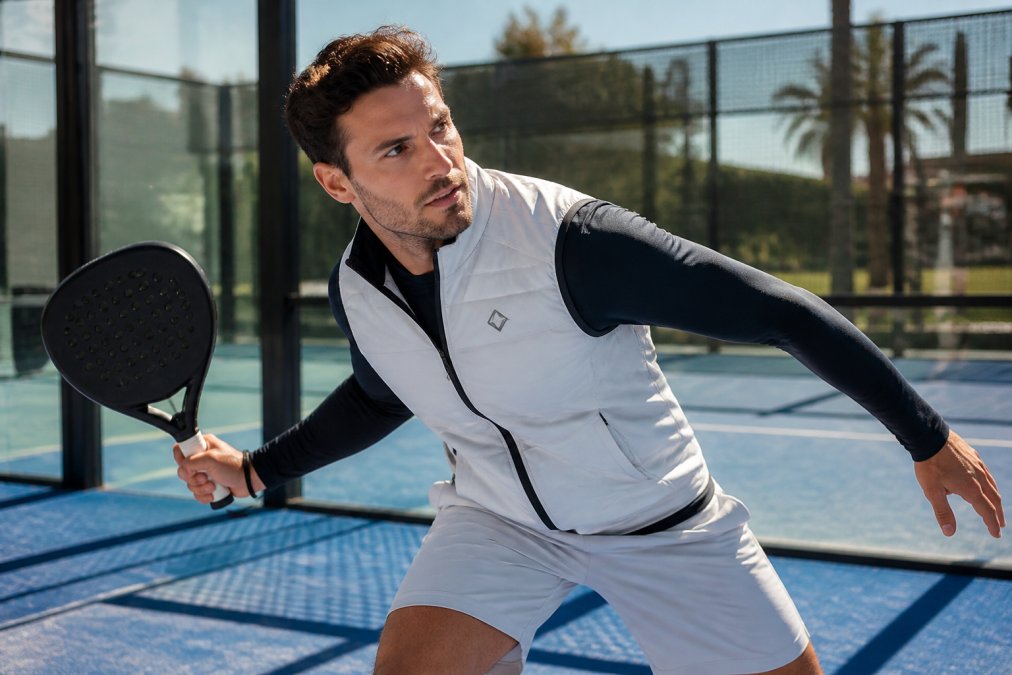 Padel player in a breathable gilet and technical top, showcasing alternatives to heavy padel jackets for summer.