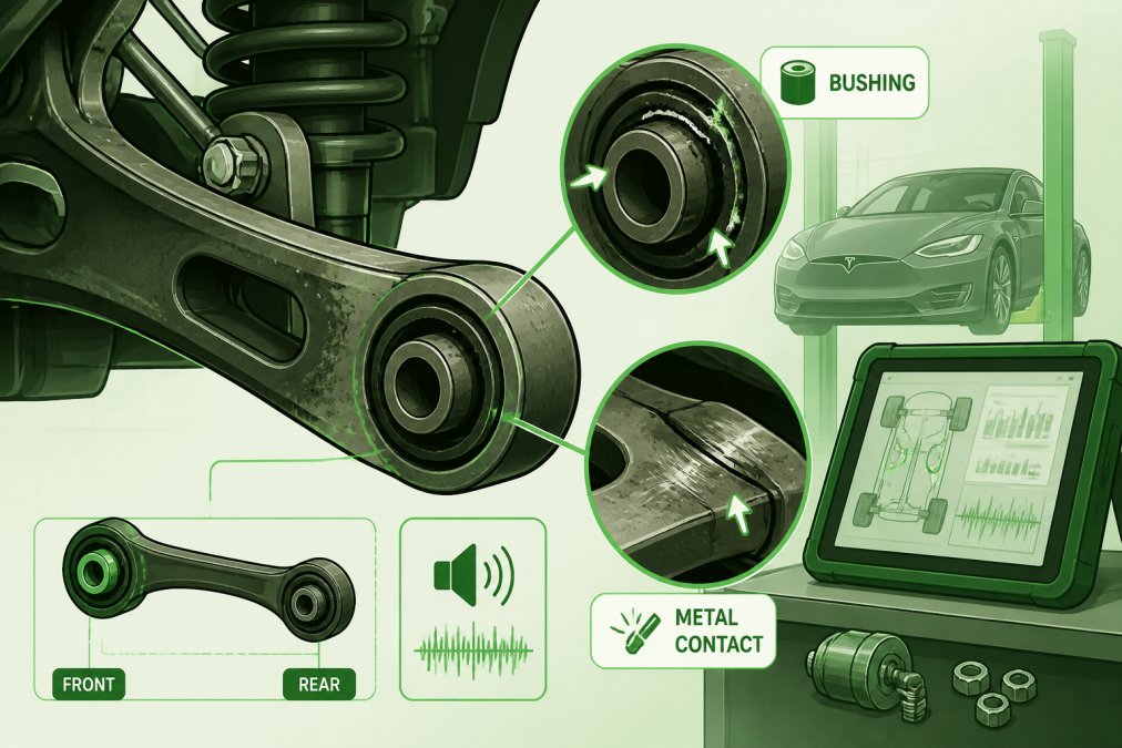 Close-up of a Tesla suspension control arm showing visible bushing wear and metal-to-metal contact points in a workshop setting with diagnostic equipment visible