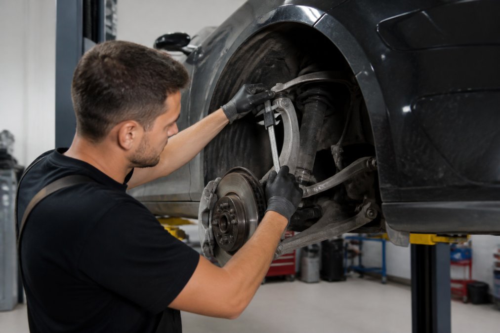 A technician performing a detailed suspension inspection on a Tesla, checking control arm geometry and bushing condition with diagnostic measuring equipment in a modern workshop