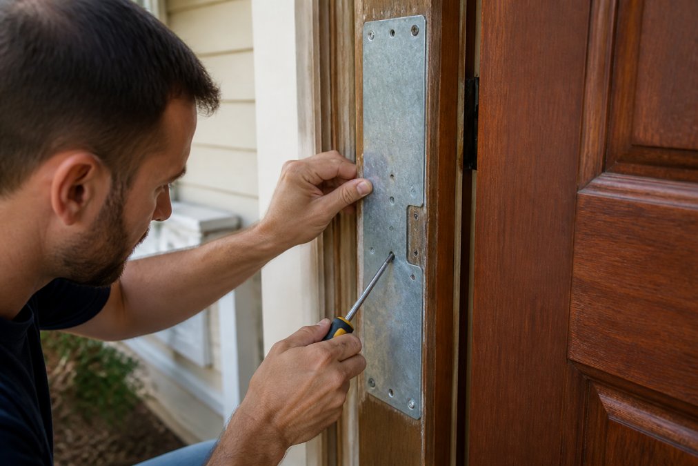 Close-up of a homeowner's hands installing a galvanized steel door reinforcement plate on a wooden door frame, with a screwdriver and screws nearby, natural daylight