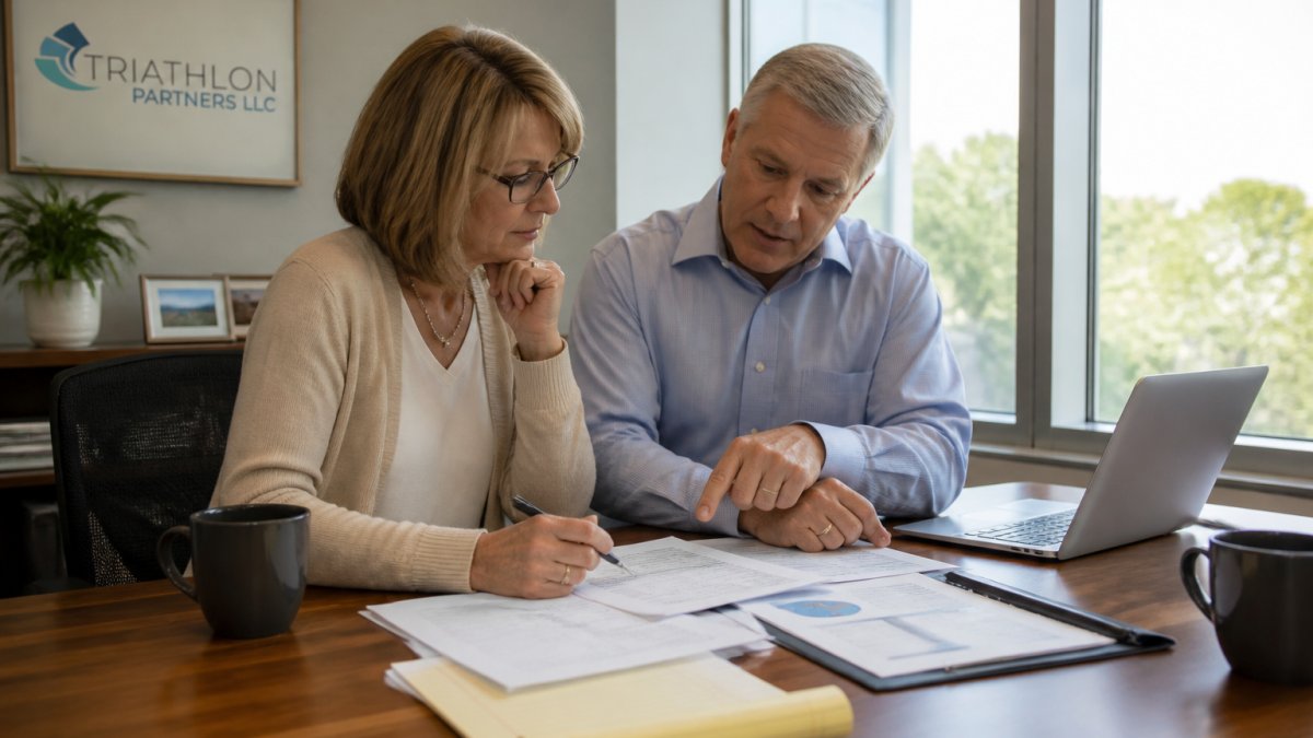 A financial advisor and a client in their late 50s reviewing printed account statements and a laptop at a wooden conference table, both looking closely at the documents, natural window light