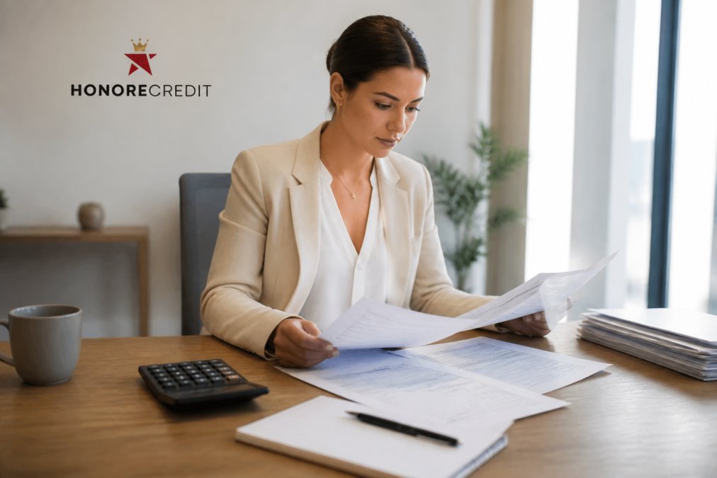 Professional reviewing multiple credit card statements and financial documents at a wooden desk with laptop, calculator, and notepad in bright natural office lighting